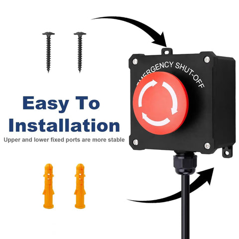 Emergency Stop Switch With 10ft Heavy Duty Cord And Big Red Button, 440V 16A, Plug In Piggyback Design installation components shown