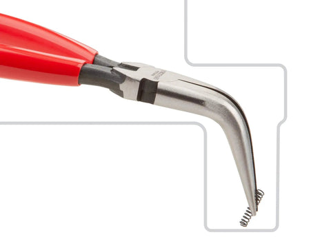 6 Inch 70 Degree Long Nose Pliers With Slim Bent Nose For Tight Obstructions, Extra Long Reach For Narrow Spaces, shown with red handles