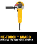 Front view of yellow DeWalt 4-1/2-in angle grinder with One-Touch Guard and black grip.