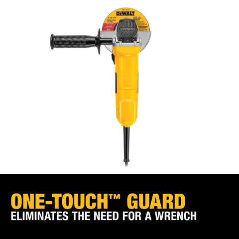 Front view of yellow DeWalt 4-1/2-in angle grinder with One-Touch Guard and black grip.