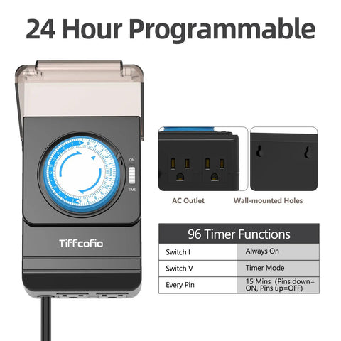 Built Different Heavy Duty Mechanical Timer Outlet Featuring Easy Pin Sliders and Full Weather Protection with AC outlet and programming details.