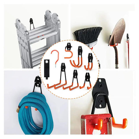 Heavy Duty Garage Hooks Set 22 Pack Steel Wall Mount Tool Hangers With Anti Slip Coating showing tools and ladders on hooks