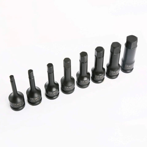 1/2 Inch Drive Impact Socket Hex Bits 8 Piece SAE Set Long 3 Inch Bits With Beefy One Piece Construction And Blow Mold Case for automotive use.