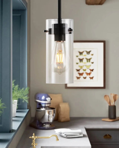 Industrial Pendant Light Fixture with Clear Glass Shade hanging in kitchen, vintage lighting for dining room, E26 base, UL listed