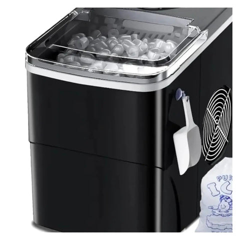Quick Chill Countertop Ice Maker Cranking Out Soft Chewable Squares In Minutes Portable Electric Setup with ice cubes visible.