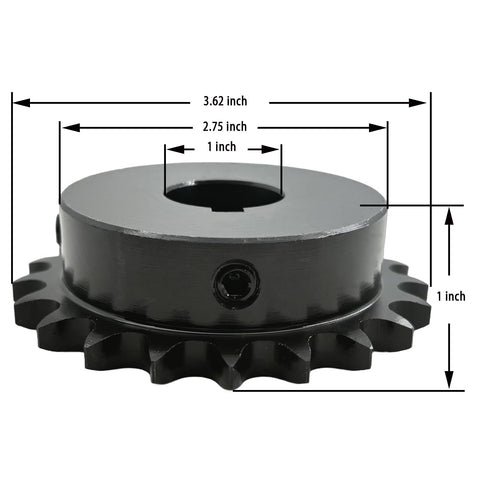 40B21-1 21 Tooth Roller Chain Sprocket Type B With 1 Inch Bore For ANSI 40 Chain, side view with measurements