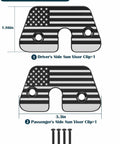 Aluminum Alloy Sun Visor Repair Kit For Jeep Wrangler JK JL And Gladiator Keeps Your Sagging Visor Tight And Secure With Easy Install American Flag Sun Visor Clips For 2018 2019 2020 2021 2022 2023 Models, showing two flag clips and screws