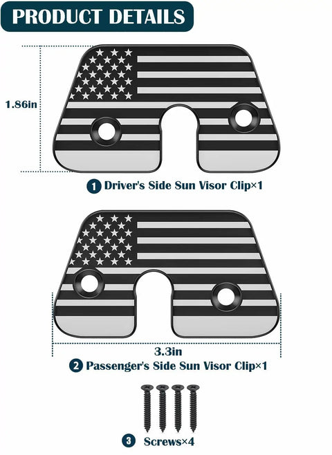 Aluminum Alloy Sun Visor Repair Kit For Jeep Wrangler JK JL And Gladiator Keeps Your Sagging Visor Tight And Secure With Easy Install American Flag Sun Visor Clips For 2018 2019 2020 2021 2022 2023 Models, showing two flag clips and screws
