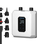 Cordless Electric Paddle Board Pump With Auto Off And Dual Stage Inflation Deflation 7 Nozzles For SUPs Kayaks Boats And Tents Rechargeable Lightweight Portable 20 PSI Get You On The Water Faster white unit with LCD display and nozzles