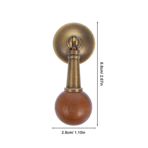 Vintage Cabinet Door Pull Handle In Antique Brass With Black Walnut Wood Round Pendant Knob, 6.8cm x 2.8cm