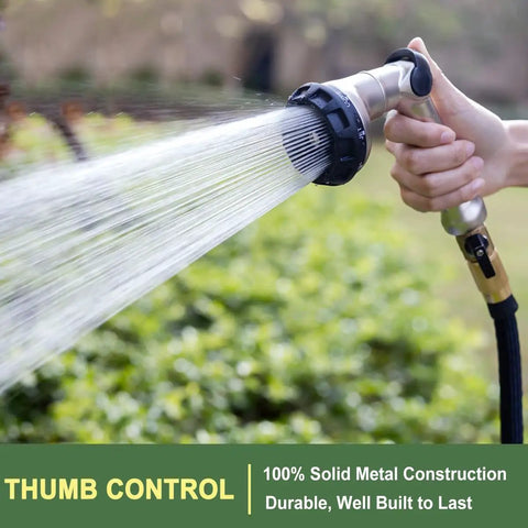 All Metal Heavy Duty Garden Hose Nozzle With Thumb Control Sprayer, 8 Spray Patterns, in use watering garden plants outdoors