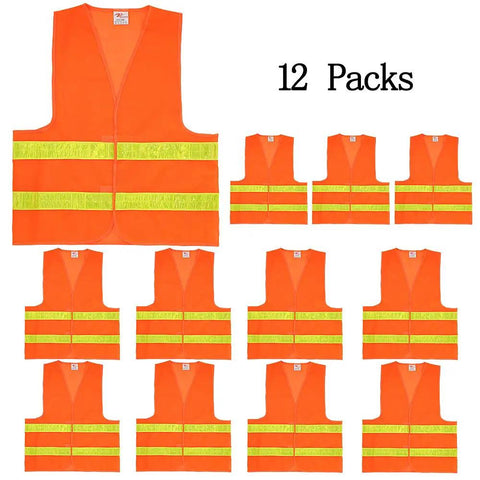 Normal Visibility Safety Vests 12 Pack showing neon orange mesh vests with 2 inch reflective strips front and back