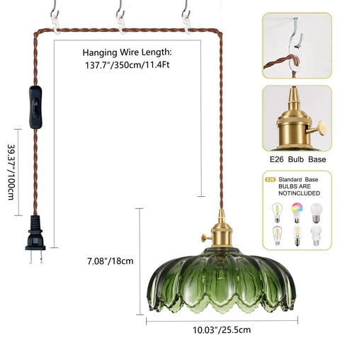 Chic Green Glass Plug In Pendant Light Fixture For Kitchen Island And Dining Room with 11.4Ft cord, E26 base, and floral design.