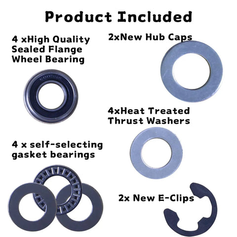 Components of Front Wheel Bushing To Bearing Conversion Kit for Lawn Tractors with bearings, hub caps, thrust washers, and E-clips.
