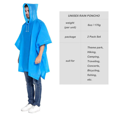 Two Pack Reusable Rain Ponchos For Adults With Drawstring Hood, Waterproof And Durable Welded Seams, Easy Fit For Men And Women