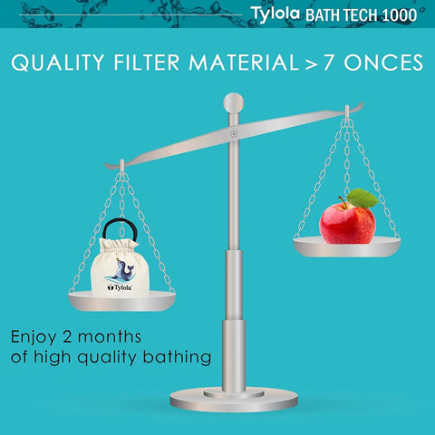 Hydrogen-Rich Bath Water Filter for Tub Faucet with 7 oz Purifying Minerals shown on a balance scale next to an apple.