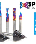 Kickass Eight Piece Router Bit Set With One Quarter Inch Shanks And Bulletproof Ceramic Coating For Lightning Fast Cnc Cuts And Insanely Sharp Cutting Edge, showcasing eight router bits with varied shapes and colors.