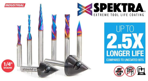 Kickass Eight Piece Router Bit Set With One Quarter Inch Shanks And Bulletproof Ceramic Coating For Lightning Fast Cnc Cuts And Insanely Sharp Cutting Edge, showcasing eight router bits with varied shapes and colors.