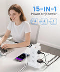 Game Changing Power Strip Tower Surge Protector With Pd Fast Charging Usb C Ports And Twelve Ac Outlets Smart Charging Station for home office, showing 12 AC outlets and USB ports.