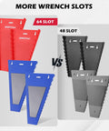 Comparison of 4-Pack Magnetic Wrench Organizer With 64 Slots For SAE And Metric Wrenches and 48 slot, in red and blue color-coded trays.