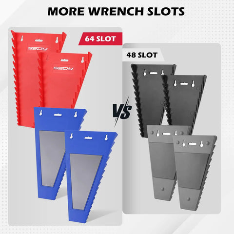 Comparison of 4-Pack Magnetic Wrench Organizer With 64 Slots For SAE And Metric Wrenches and 48 slot, in red and blue color-coded trays.