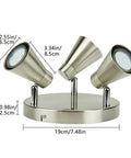 Round Ceiling Spotlight Fixture With 3 Lights, brushed nickel finish, dimension details shown