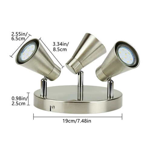 Round Ceiling Spotlight Fixture With 3 Lights, brushed nickel finish, dimension details shown