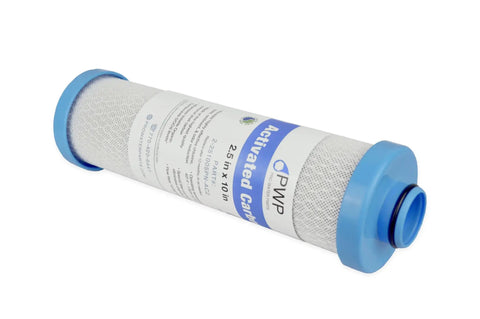 Activated Carbon Block Push-Nipple Cartridge 2.5x10 Inch Replacement For RV Water Filtration In RCS FR1 Housing lying on side