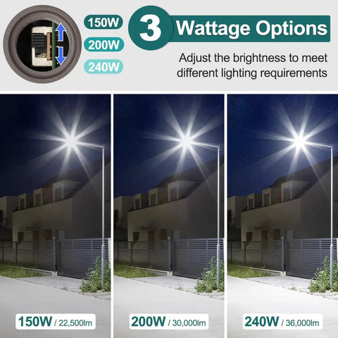 High Output LED Parking Lot Light 240W/200W/150W Adjustable, 36000 Lumens, 5000K; showing wattage options at night