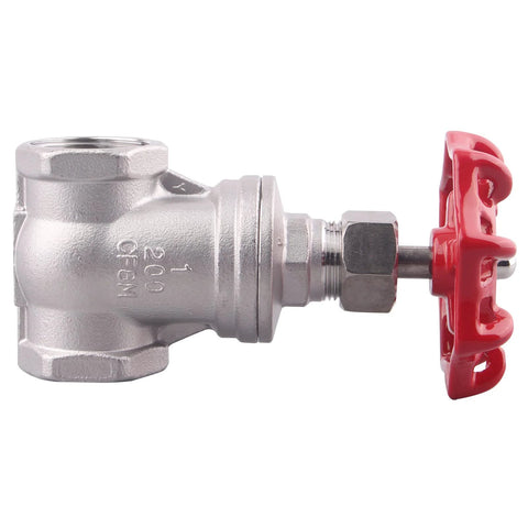 2-inch stainless steel gate valve with red wheel handle and female NPT x female connections, side view