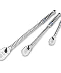 Professional Grade Heavy Duty Ratchet Set 3 Piece Extra Long 90 Tooth Chrome Vanadium Steel with a sleek polish finish.