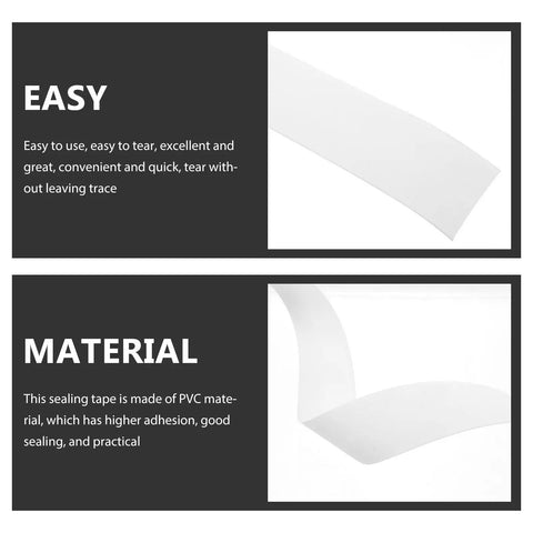 Super Easy White PVC Caulking Tape For Bathtub And Window Gaps Peels Sticks and Seals view showing easy-to-tear white strip.
