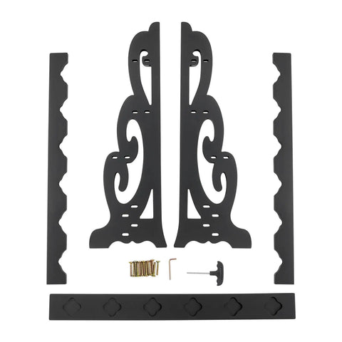 Components of Six Hole Floor Standing Sword Display Rack With Adjustable Top And Bottom Plates, shown disassembled.