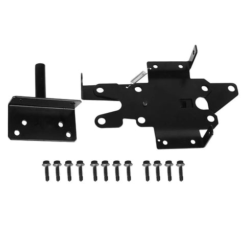 Tough As Nails Self Locking Gate Latch Built From Durable Stainless Steel For Bulletproof Fence Security And Instant Yard Gate Catch Hardware components with screws visible.