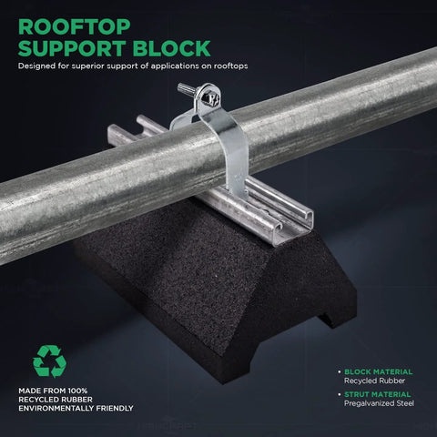 Rooftop pipe support block, side view, galvanized steel strap on black recycled rubber base