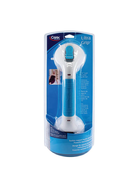 Packaged 12-Inch Suction Shower Grab Bar With Ultra Grip Dual Locking Cups for strong stability in bathtubs and showers.