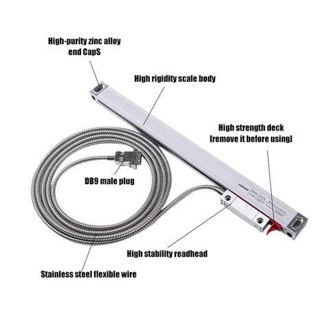 Linear Encoder For Milling Machines And Lathes, 3V Digital Readout Display, 0 To 1000mm Scales, shown with wiring and plug