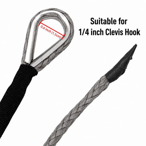 Upgrade Your Winch With Three Sixteenth Inch By Fifty Foot Gray Synthetic Winch Rope Made From Ultra High Molecular Weight Polyethylene, Minimal Stretch, Non Rotation, UV And Chemical Resistant, Aluminum Hawse Fairlead Compatible, with 1/4 inch clevis hook