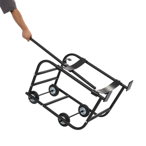 Heavy Duty Steel Drum Cradle Cart With Surefooted Wheels And Snappy Retractable Dump Bar built to haul 55 gallon barrels in use.