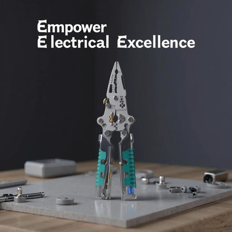 Premium 2Pcs Foldable Wire Stripper Set With Built-In Voltage Tester, 13-in-1 Electrician Pliers displayed on a work surface.