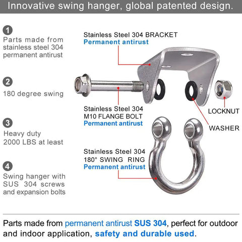 Stainless Steel Heavy Duty Ceiling Mount Swing Hanger With 1600 Pound Capacity For Swing Seats Yoga Heavy Bags Porch Swings And Hanging Chairs Includes Two Screws And Two Expansion Bolts with parts labeled
