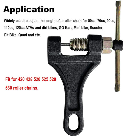 Front view of black metal chain breaker rivet tool with screw and pin for 420/428/520/525/528/530 roller chains.