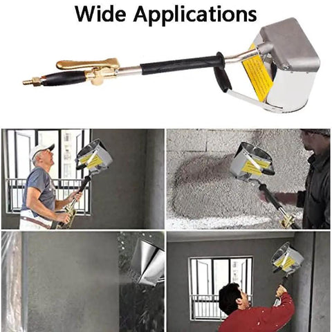 Pro Stucco Sprayer Kit With Ceiling Hopper Straight Up Beast Mortar Spray Gun for Concrete Plaster in use by workers indoor.