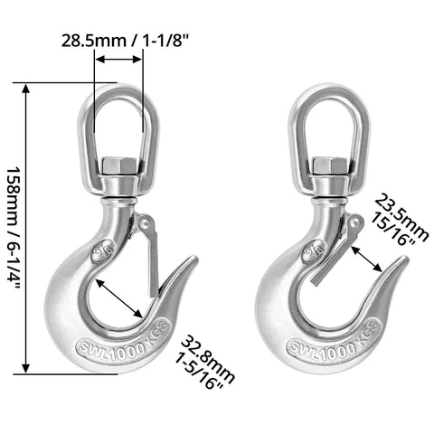 Built Tough Stainless Steel 304 Rotatable Clevis Chain Hook With 360 Degree Swivel, 2000lb Load Capacity, Hoist Slip Hook For Pallet Rack Safety And Lifting Chains dimensions shown