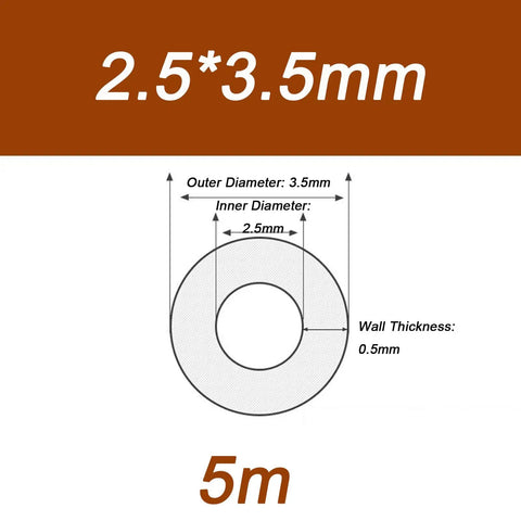 Image showing dimensions of Transparent PTFE Tubing For Pneumatic Systems And Automotive Components, 2.5mm ID, 3.5mm OD, 5m length.