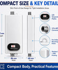 Compact Tankless Electric Water Heater Brings Straight Up Instant Hot Water On Demand featuring LED display, dimensions, and connections.