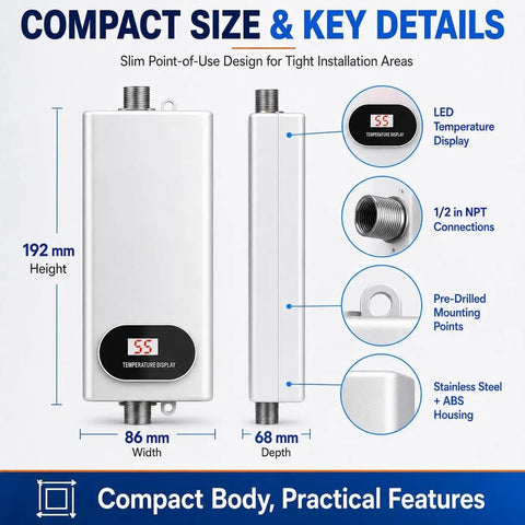 Compact Tankless Electric Water Heater Brings Straight Up Instant Hot Water On Demand featuring LED display, dimensions, and connections.