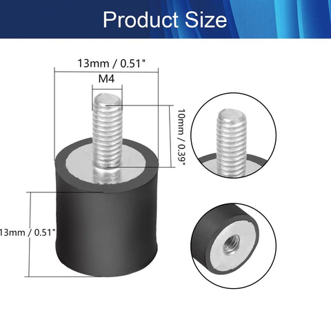 4 Pack M4 Rubber Vibration Isolators 13x13mm Stud Mounts For Mini Split Heat Pumps Diesel Engines Harvesters And Generators Heavy Duty Shock Absorbers That Keep Vibration And Noise Down For Quiet, Smooth Performance Built To Last., size view of black rubber isolator with M4 stud and 13mm dimensions