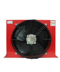 Front view of AH1470T 200L Hydraulic Oil Cooler Fan with red aluminum body for heavy duty industrial cooling.