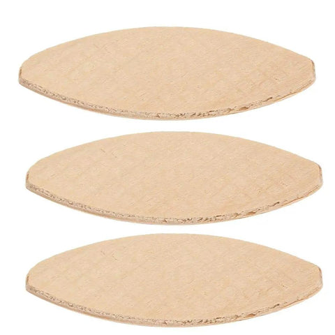 Three solid wood biscuits from Premium Wood Joining Biscuits Set 100 Pcs 0 10 20 Size For Strong Bonding In Cabinets, Furniture And DIY Projects Go To Pro Grade Solid Wood And Durable Joiner Accessories.